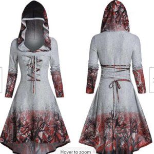 Hooded Long Sleeve Lace Up Dress High-Low Dress